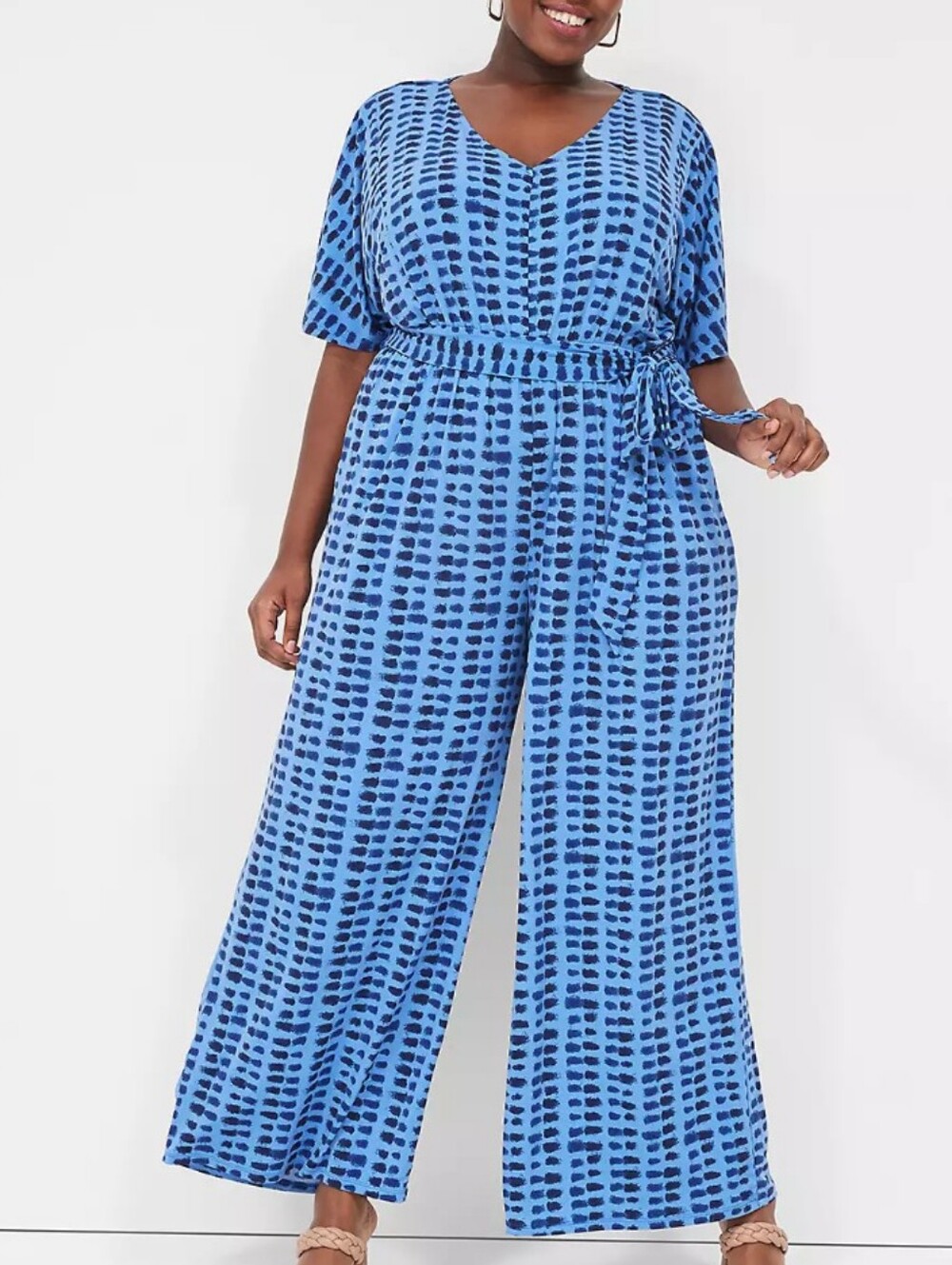 Lane Bryant Blue Printed V-Neck Jumpsuit with Tie Waist And Pockets
